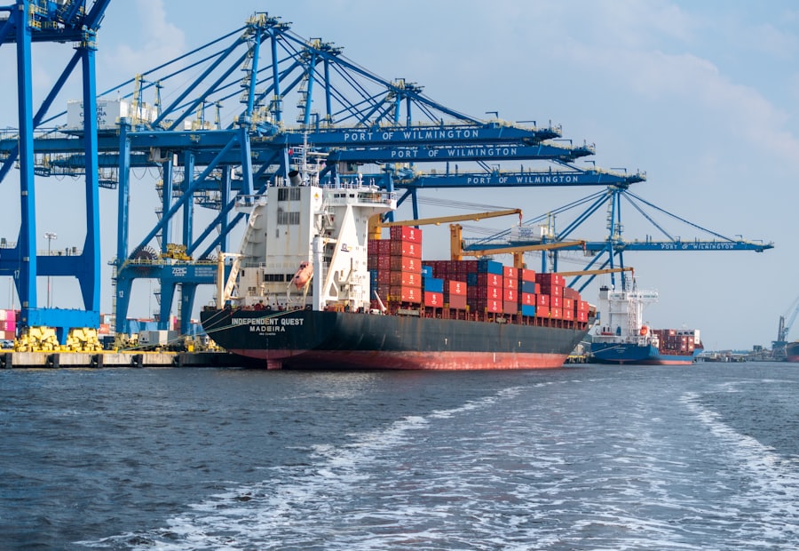 Cargo vessel under ship-to-shore cranes at a certified maritime port